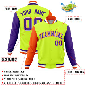 Custom Neon Green Purple-Orange Raglan Sleeves Varsity Full-Snap Letterman Jacket