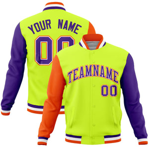 Custom Neon Green Purple-Orange Raglan Sleeves Varsity Full-Snap Letterman Jacket