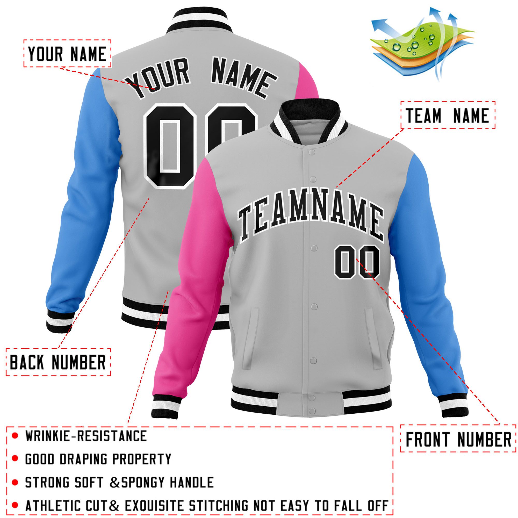 Custom Gray Pink-Powder Blue Raglan Sleeves Varsity Full-Snap Letterman Jacket