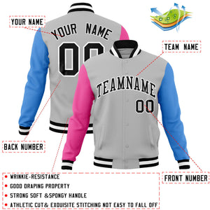 Custom Gray Pink-Powder Blue Raglan Sleeves Varsity Full-Snap Letterman Jacket