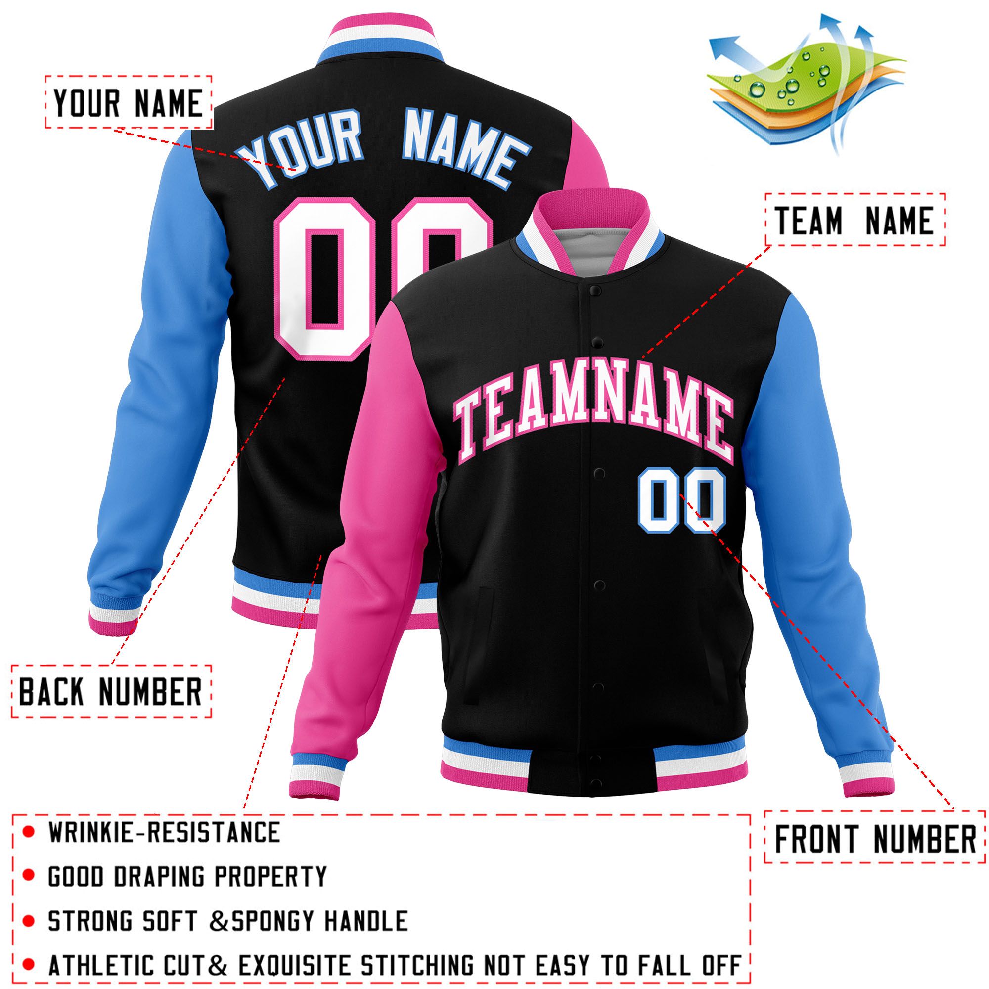 Custom Black Powder Blue-Pink Raglan Sleeves Varsity Full-Snap Letterman Jacket