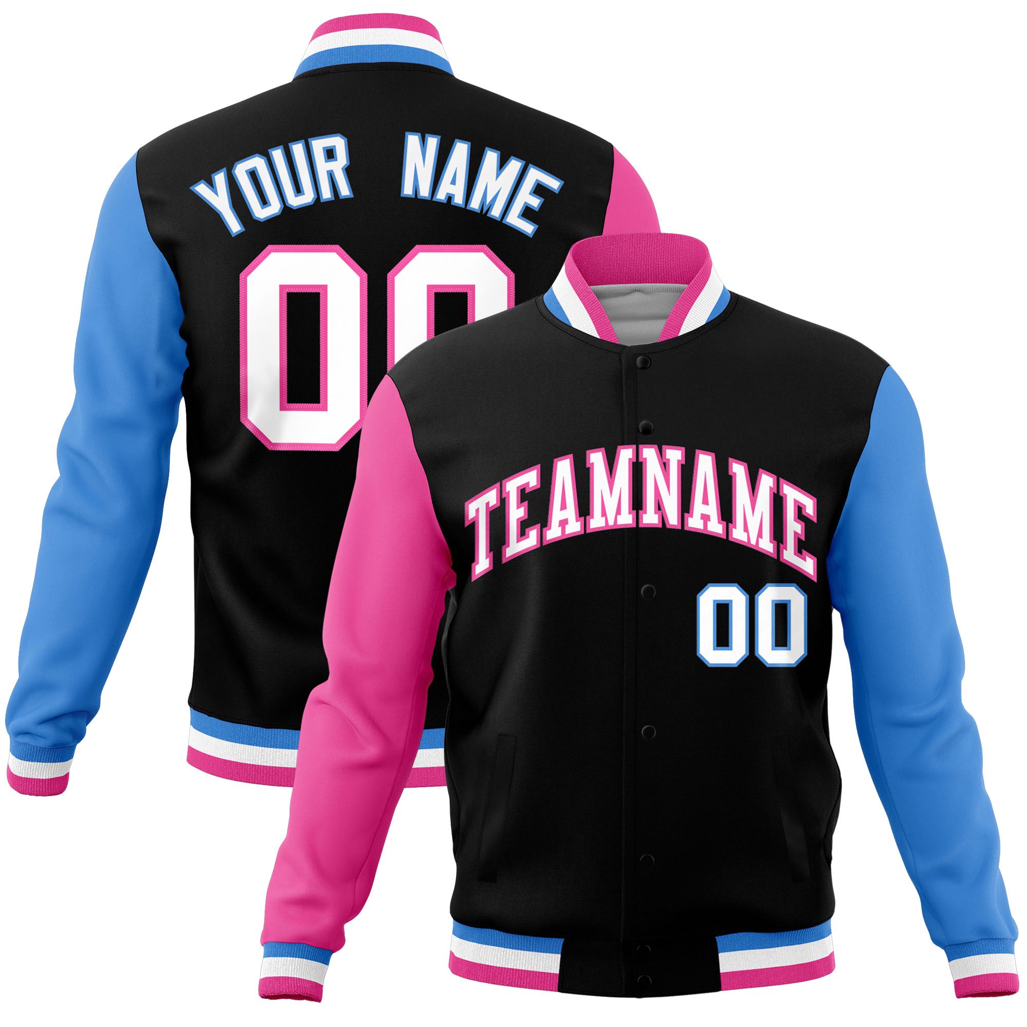 Custom Black Powder Blue-Pink Raglan Sleeves Varsity Full-Snap Letterman Jacket