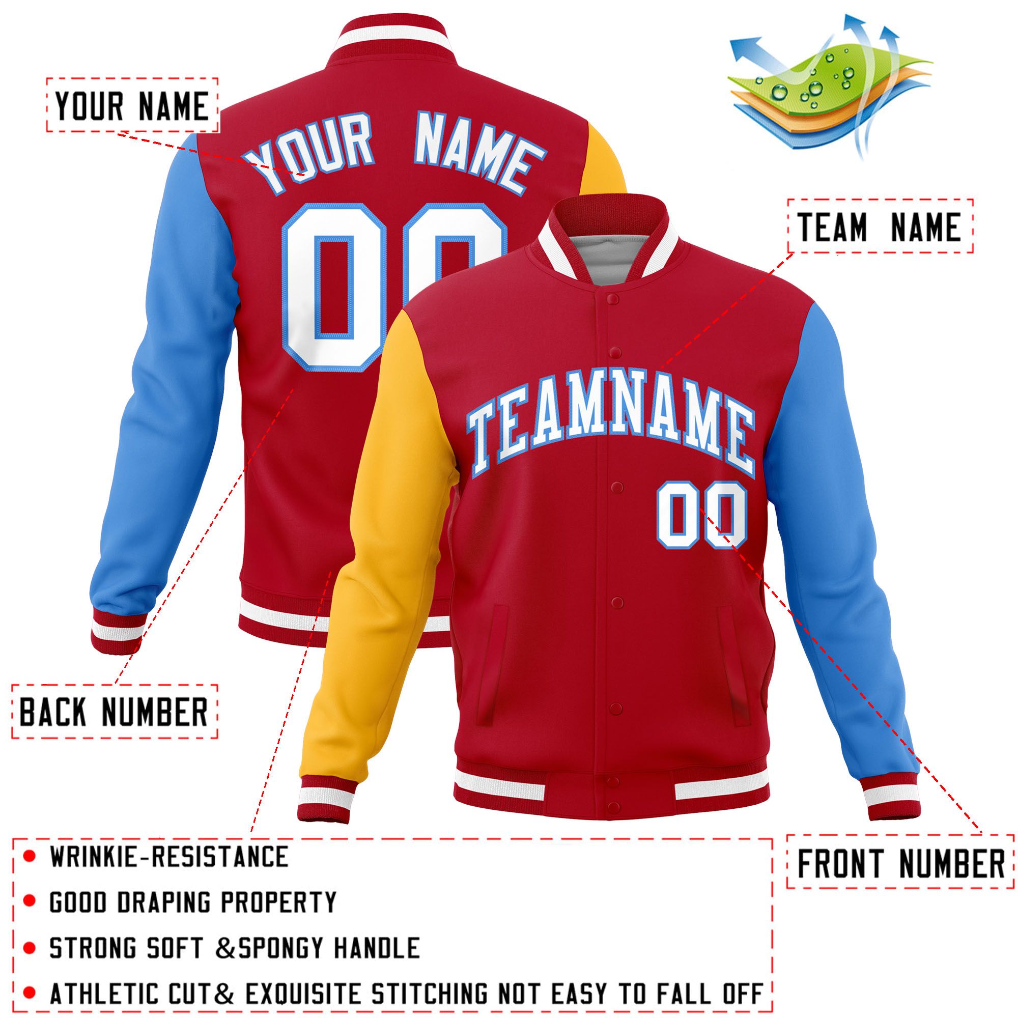 Custom Red Powder Blue-Gold Raglan Sleeves Varsity Full-Snap Letterman Jacket