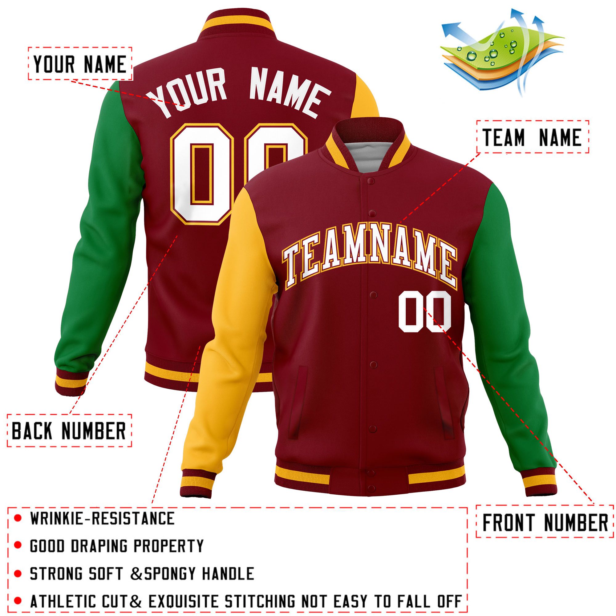 Custom Crimson Kelly Green-Gold Raglan Sleeves Varsity Full-Snap Letterman Jacket