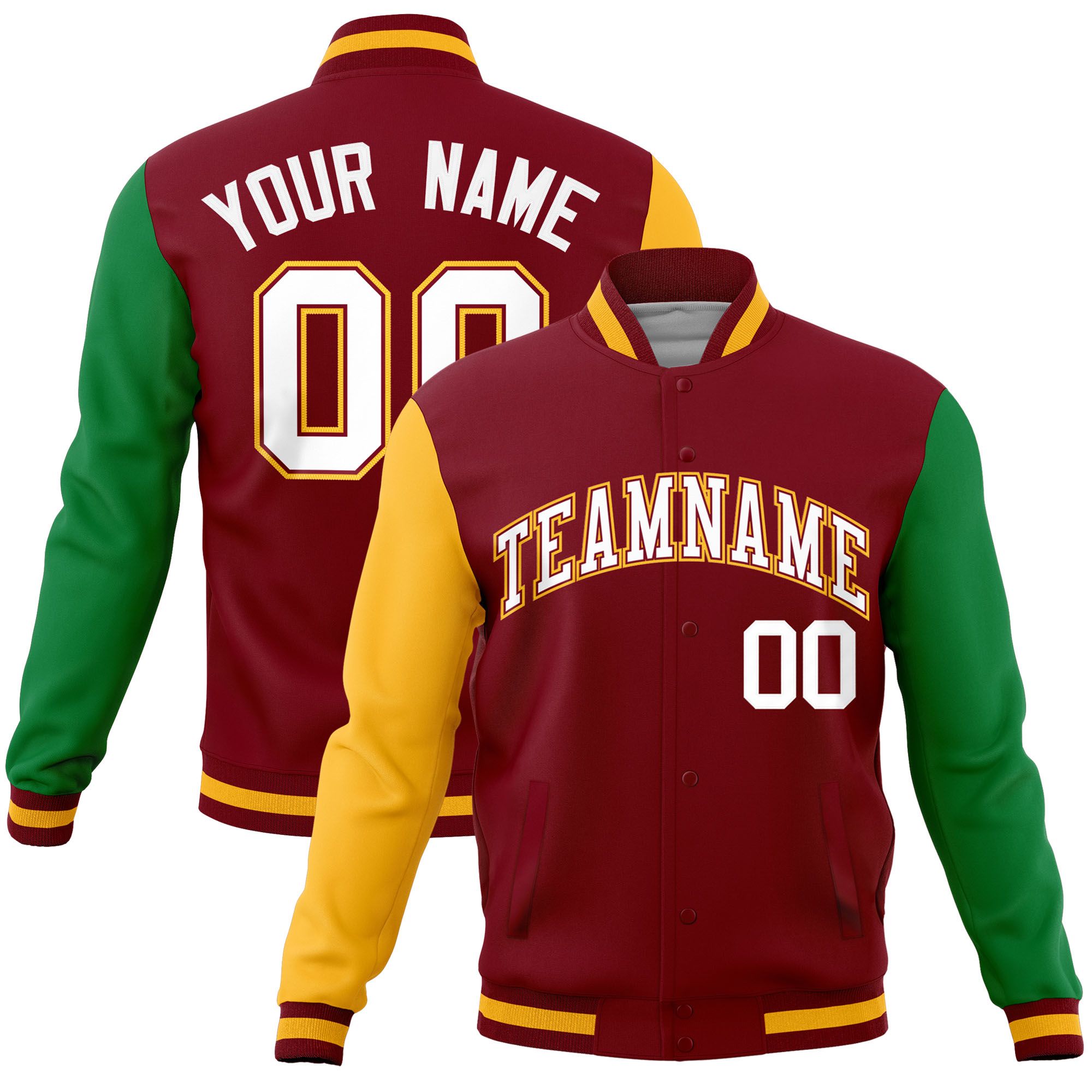 Custom Crimson Kelly Green-Gold Raglan Sleeves Varsity Full-Snap Letterman Jacket