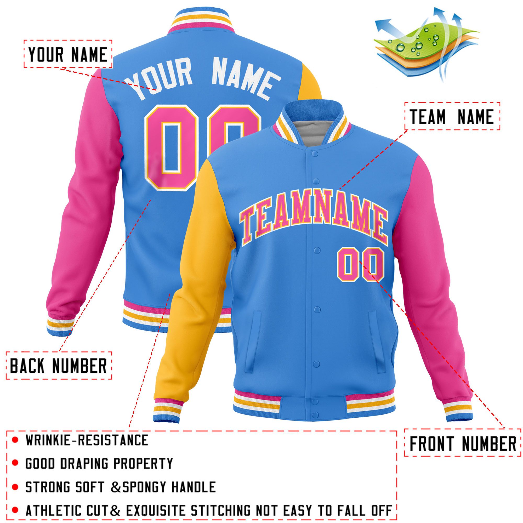 Custom Powder Blue Pink-Gold Raglan Sleeves Varsity Full-Snap Letterman Jacket