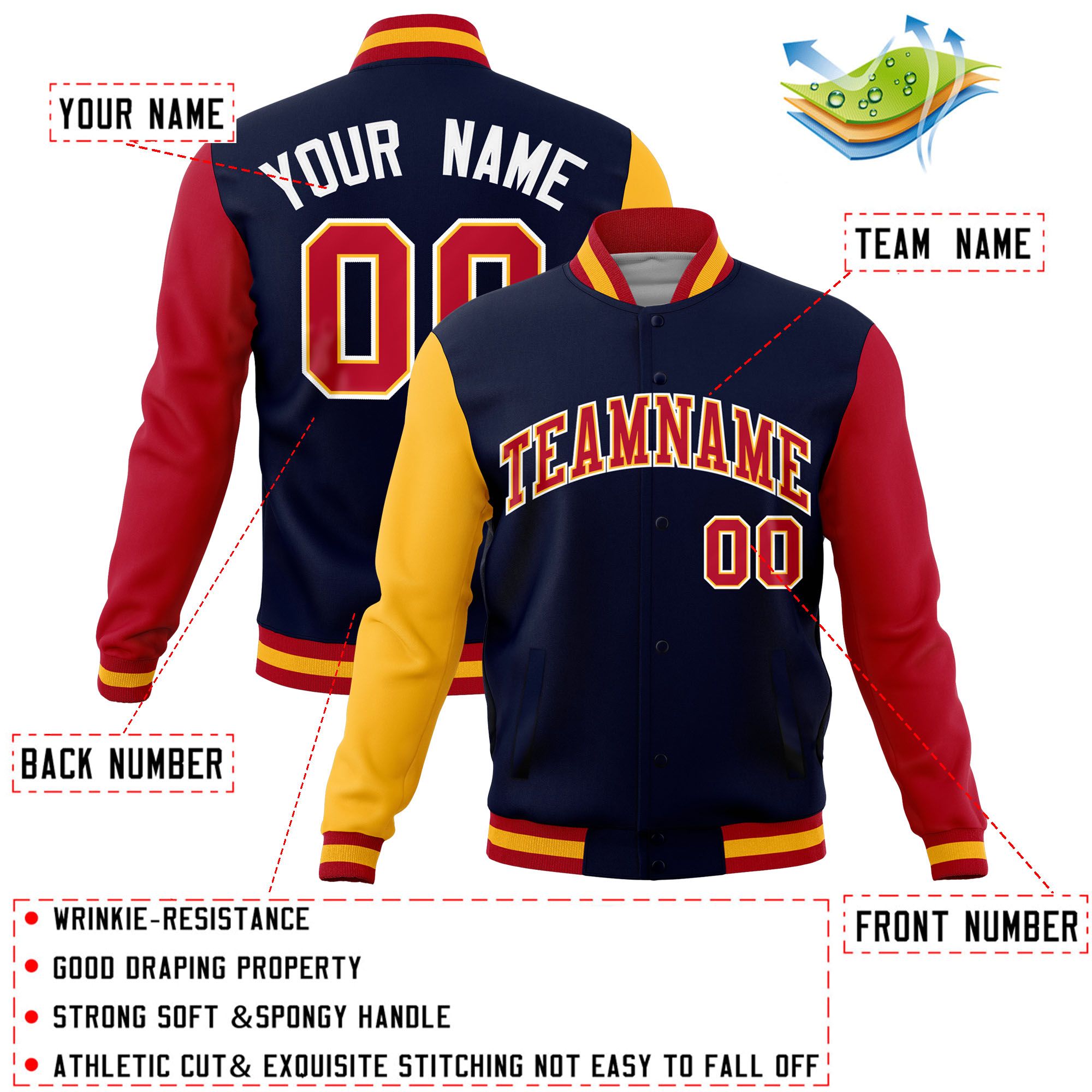 Custom Navy Red-Gold Raglan Sleeves Varsity Full-Snap Letterman Jacket