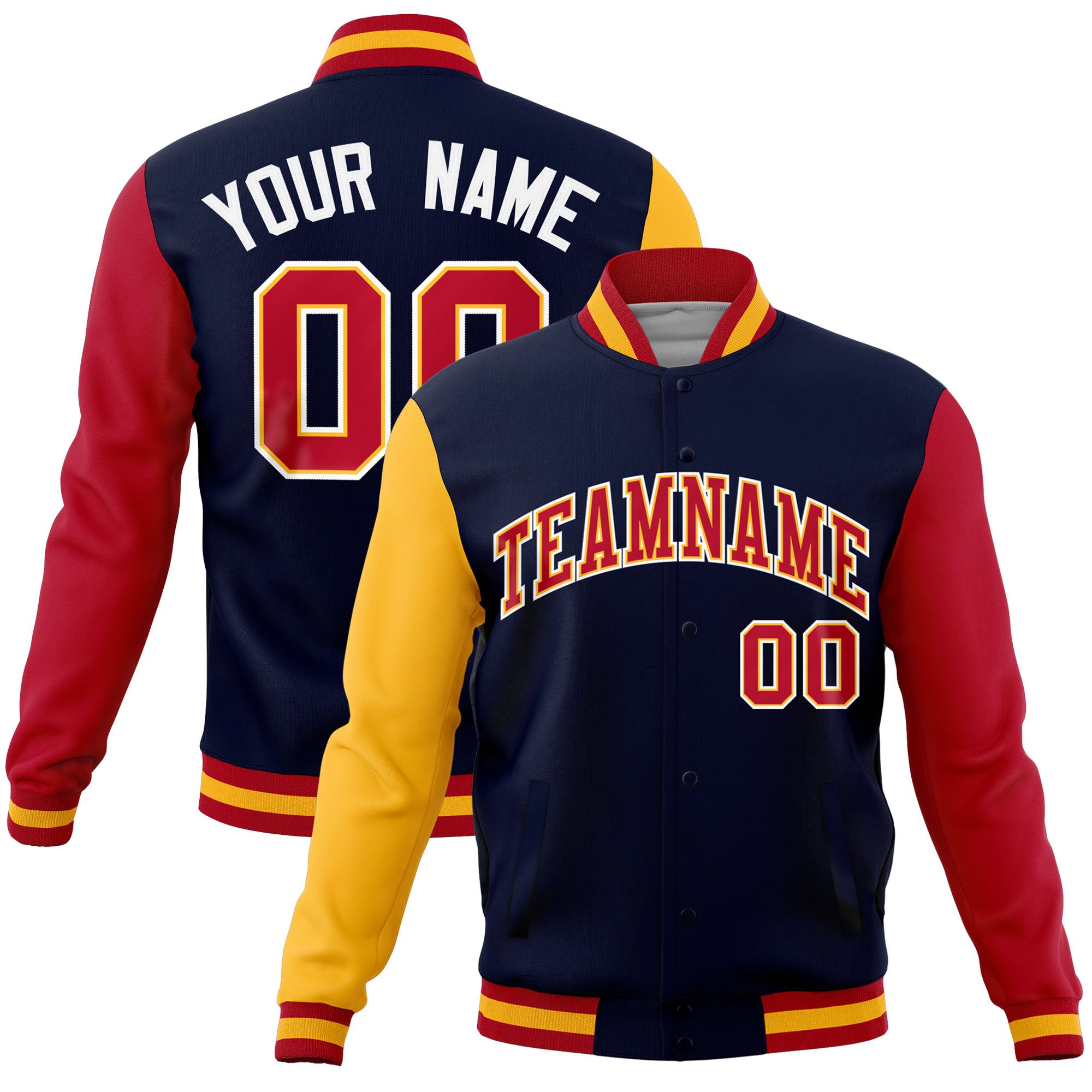 Custom Navy Red-Gold Raglan Sleeves Varsity Full-Snap Letterman Jacket