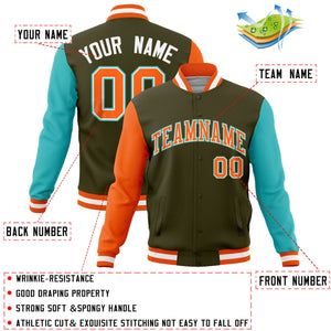 Custom Olive Bright Green-Orange Raglan Sleeves Varsity Full-Snap Letterman Jacket