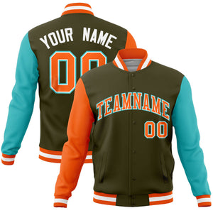 Custom Olive Bright Green-Orange Raglan Sleeves Varsity Full-Snap Letterman Jacket