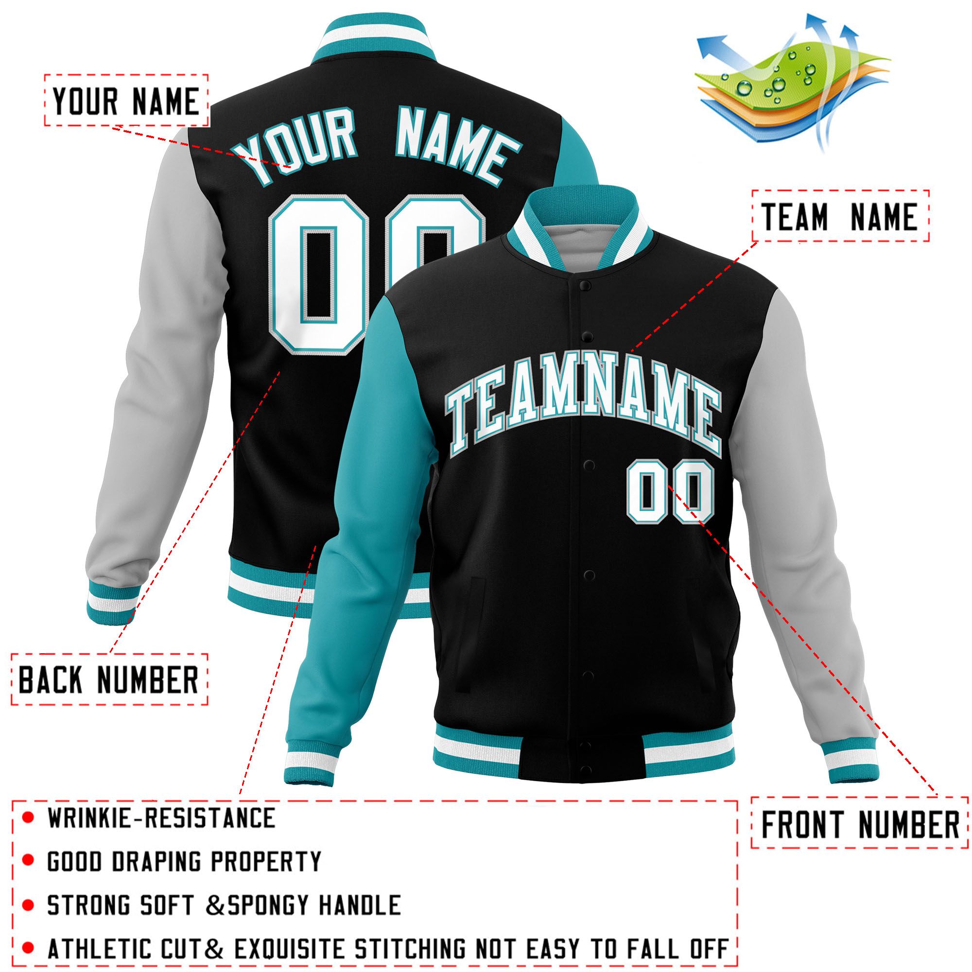 Custom Black Gray-Aqua Raglan Sleeves Varsity Full-Snap Letterman Jacket