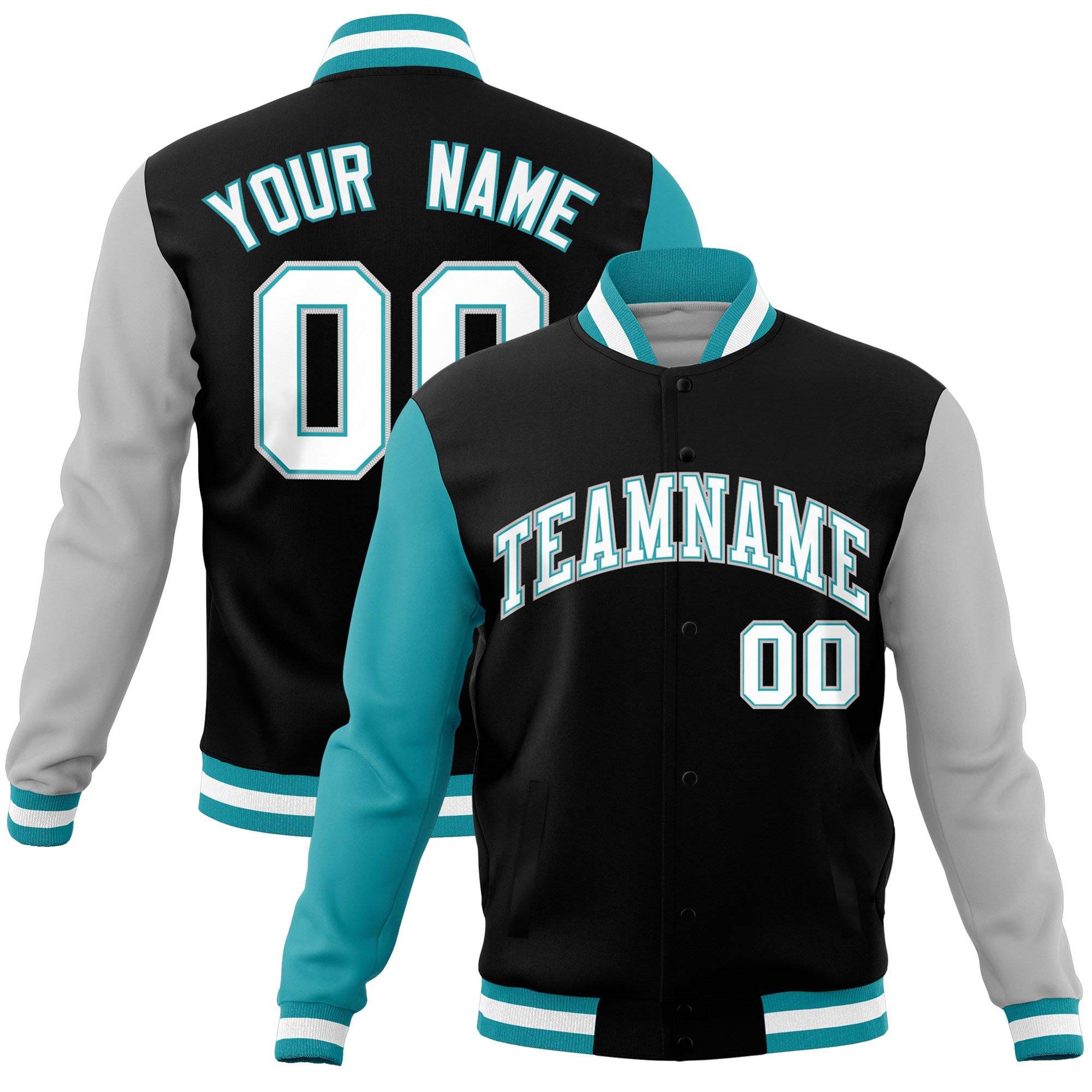 Custom Black Gray-Aqua Raglan Sleeves Varsity Full-Snap Letterman Jacket