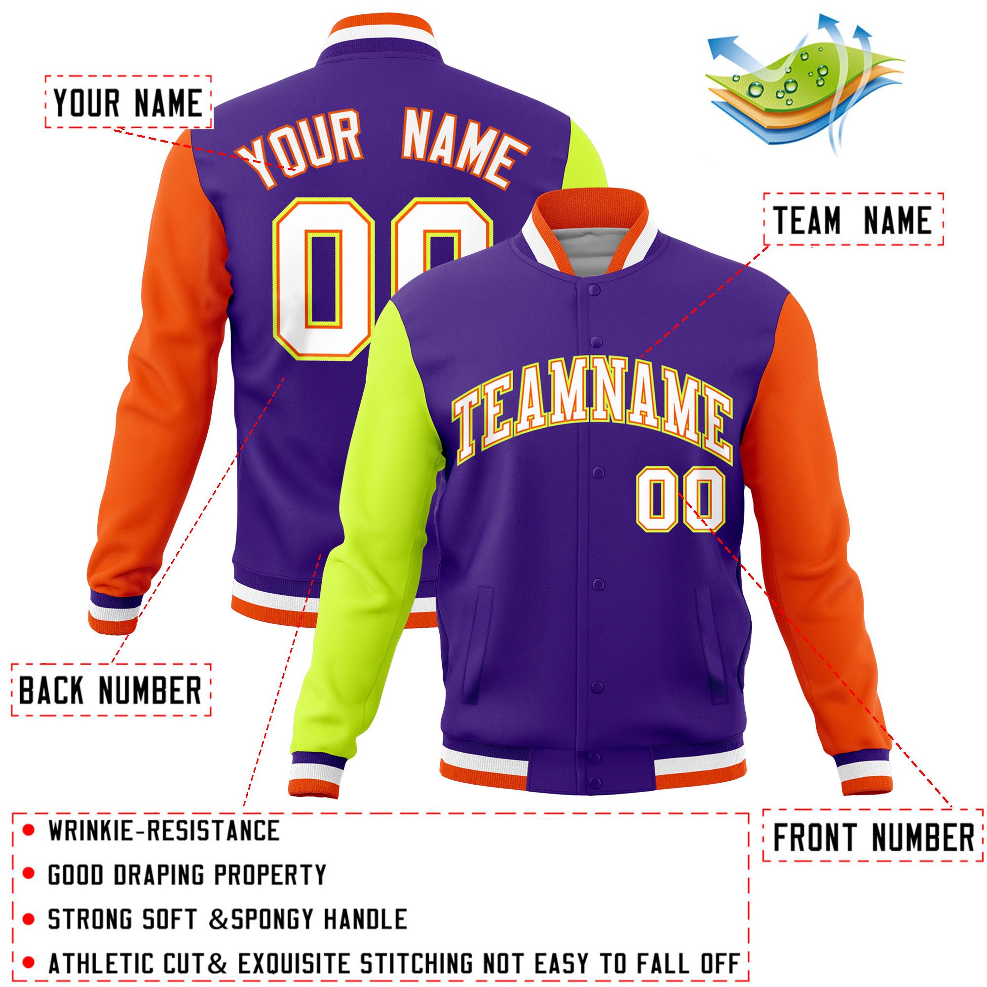 Custom Purple Orange-Neon Green Raglan Sleeves Varsity Full-Snap Letterman Jacket