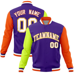 Custom Purple Orange-Neon Green Raglan Sleeves Varsity Full-Snap Letterman Jacket