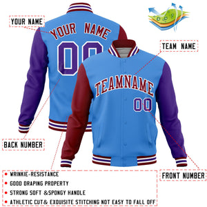 Custom Powder Blue Purple-Crimson Raglan Sleeves Varsity Full-Snap Letterman Jacket