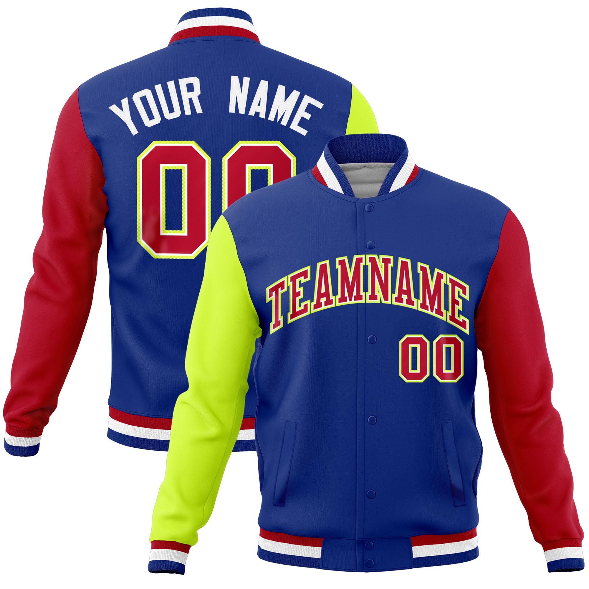 Custom Royal Red-Neon Green Raglan Sleeves Varsity Full-Snap Letterman Jacket