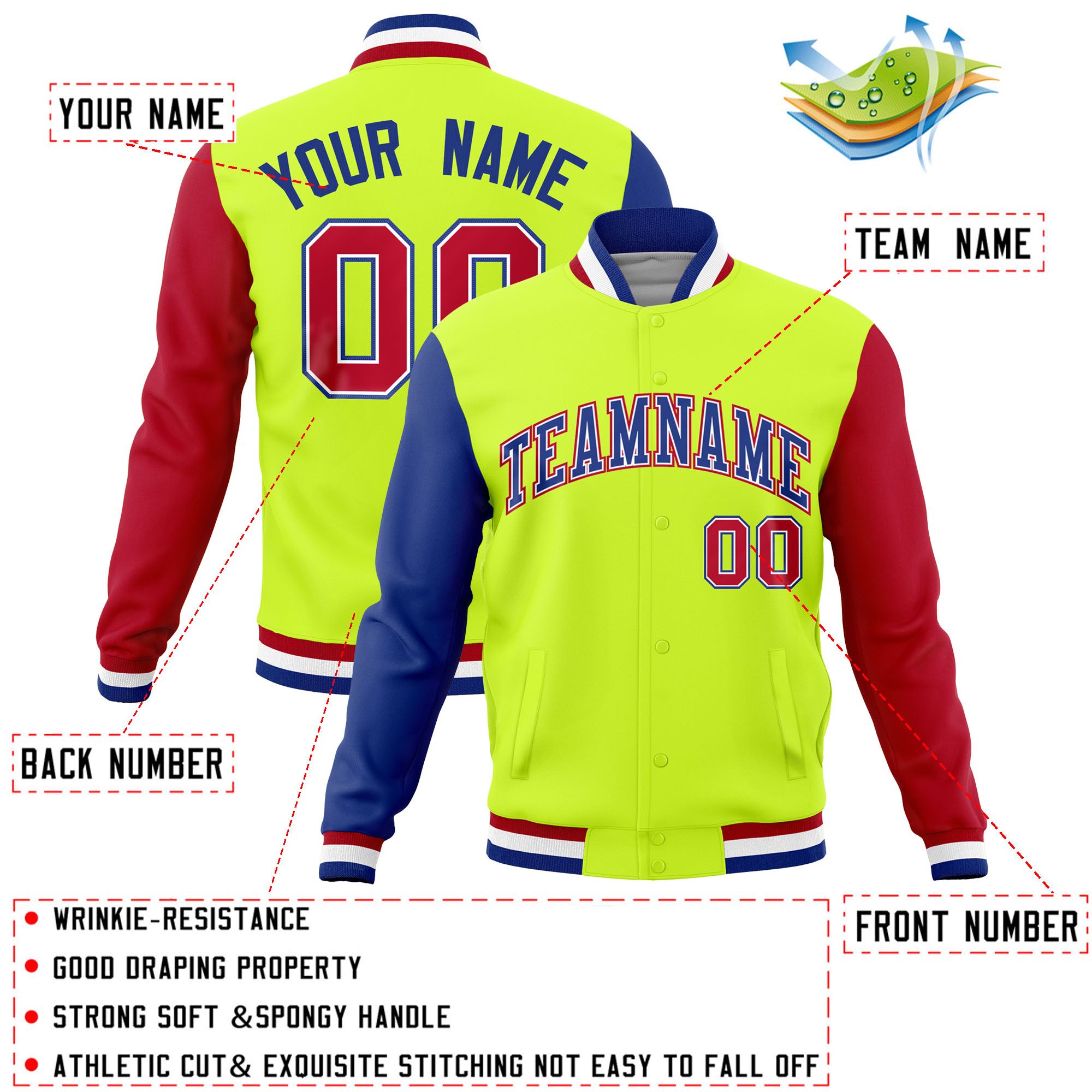 Custom Neon Green Red-Royal Raglan Sleeves Varsity Full-Snap Letterman Jacket