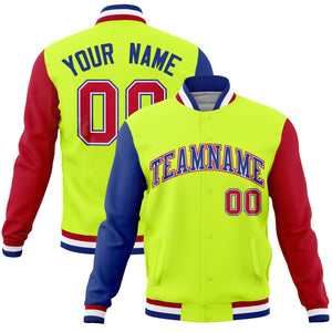 Custom Neon Green Red-Royal Raglan Sleeves Varsity Full-Snap Letterman Jacket