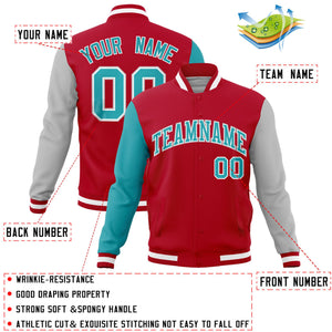 Custom Red Gray-Aqua Raglan Sleeves Varsity Full-Snap Letterman Jacket