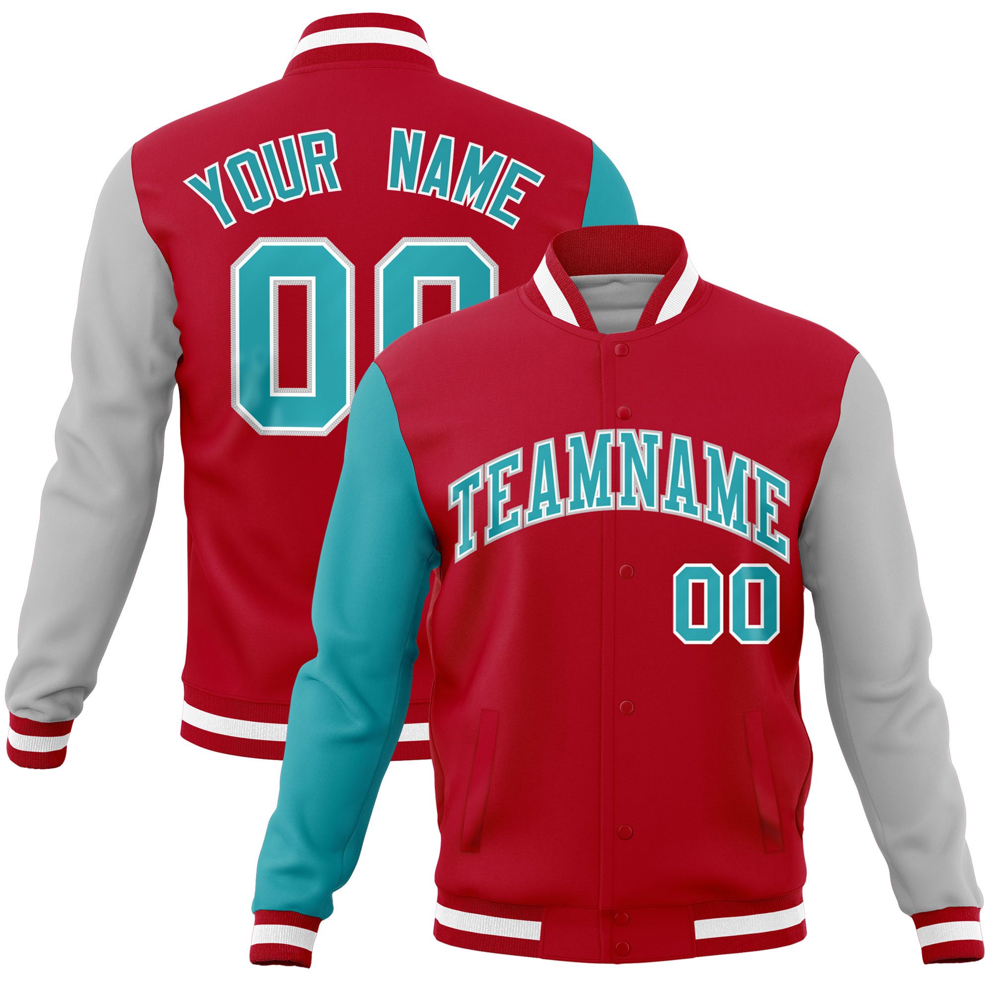 Custom Red Gray-Aqua Raglan Sleeves Varsity Full-Snap Letterman Jacket