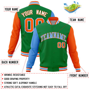 Custom Kelly Green Orange-Powder Blue Raglan Sleeves Varsity Full-Snap Letterman Jacket