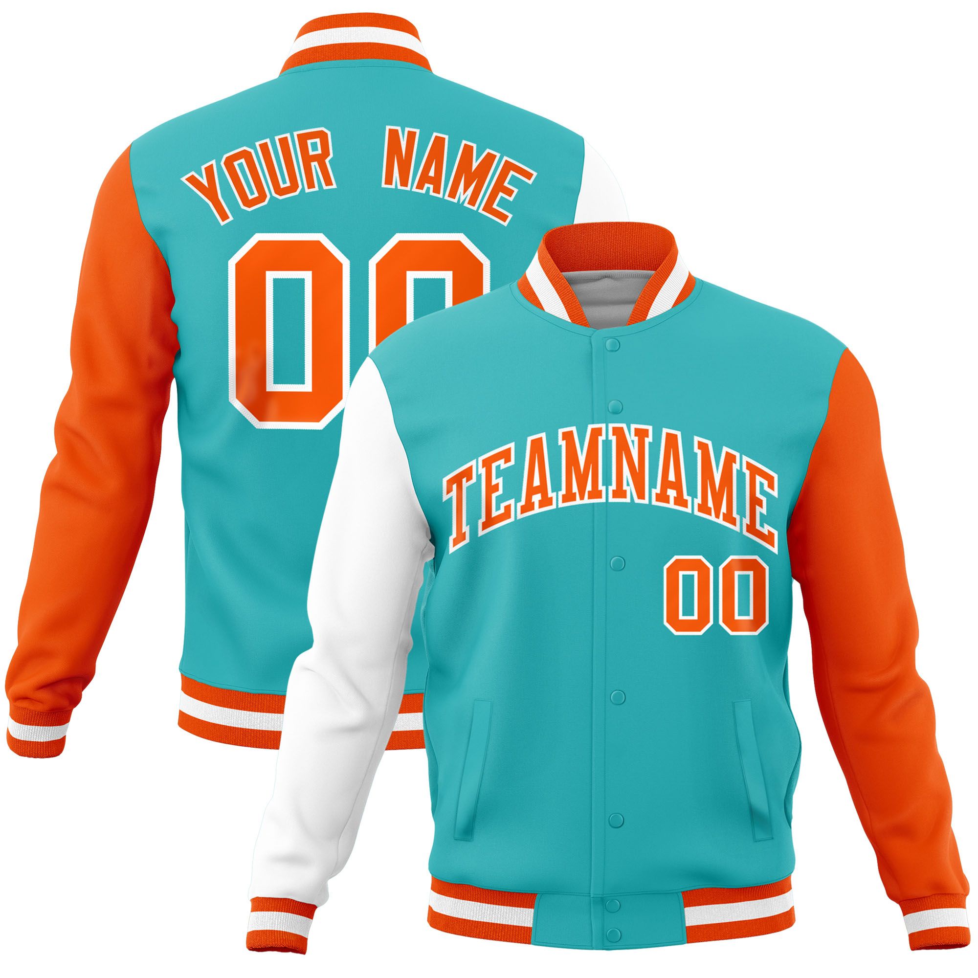 Custom Bright Green Orange-White Raglan Sleeves Varsity Full-Snap Letterman Jacket