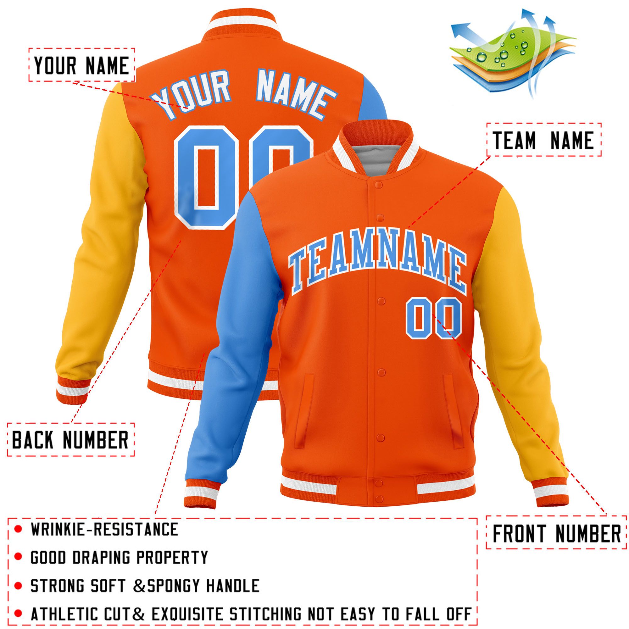 Custom Orange Gold-Powder Blue Raglan Sleeves Varsity Full-Snap Letterman Jacket