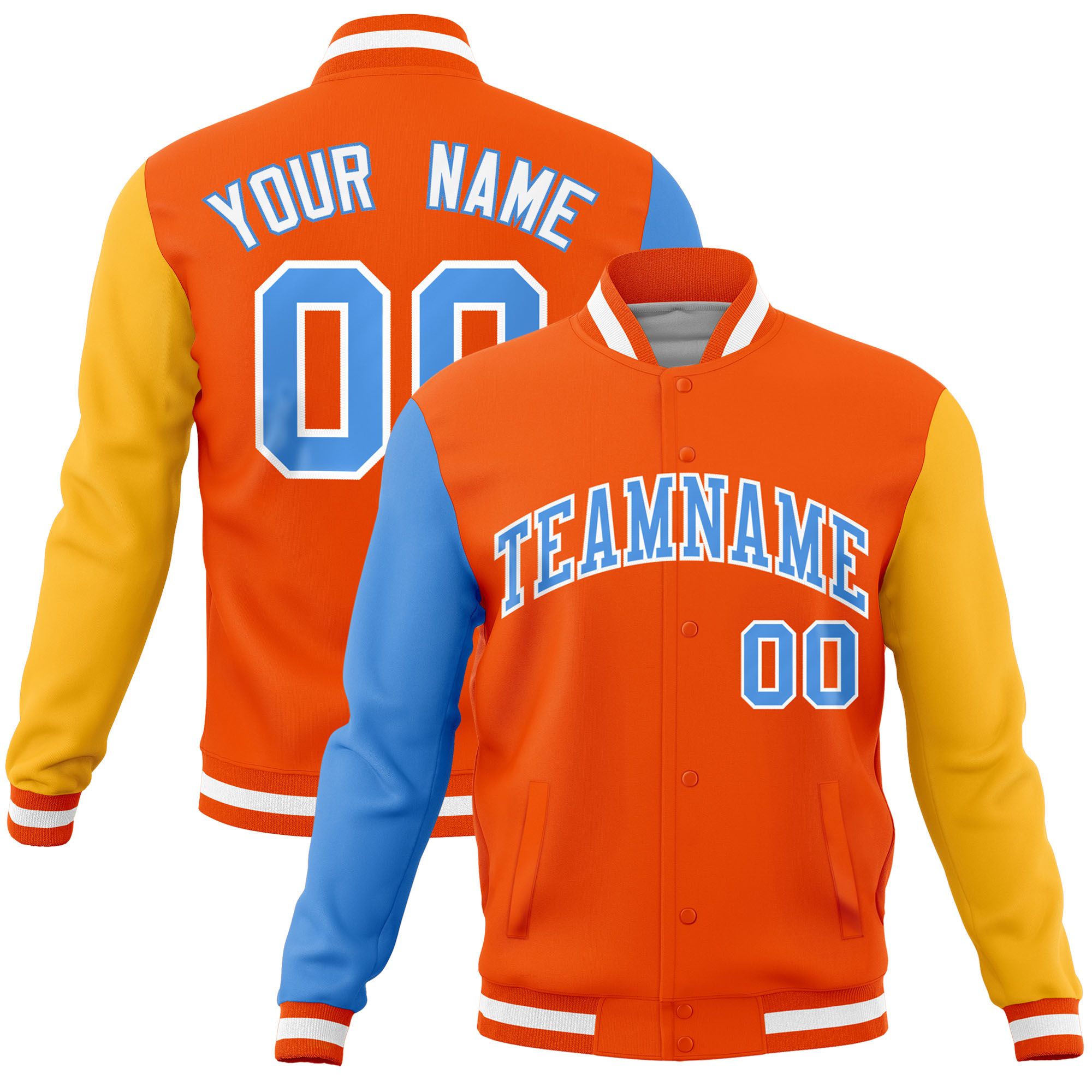 Custom Orange Gold-Powder Blue Raglan Sleeves Varsity Full-Snap Letterman Jacket