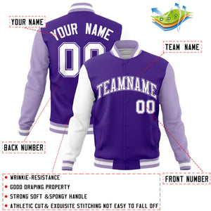 Custom Purple Light Purple-White Raglan Sleeves Varsity Full-Snap Letterman Jacket