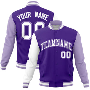 Custom Purple Light Purple-White Raglan Sleeves Varsity Full-Snap Letterman Jacket