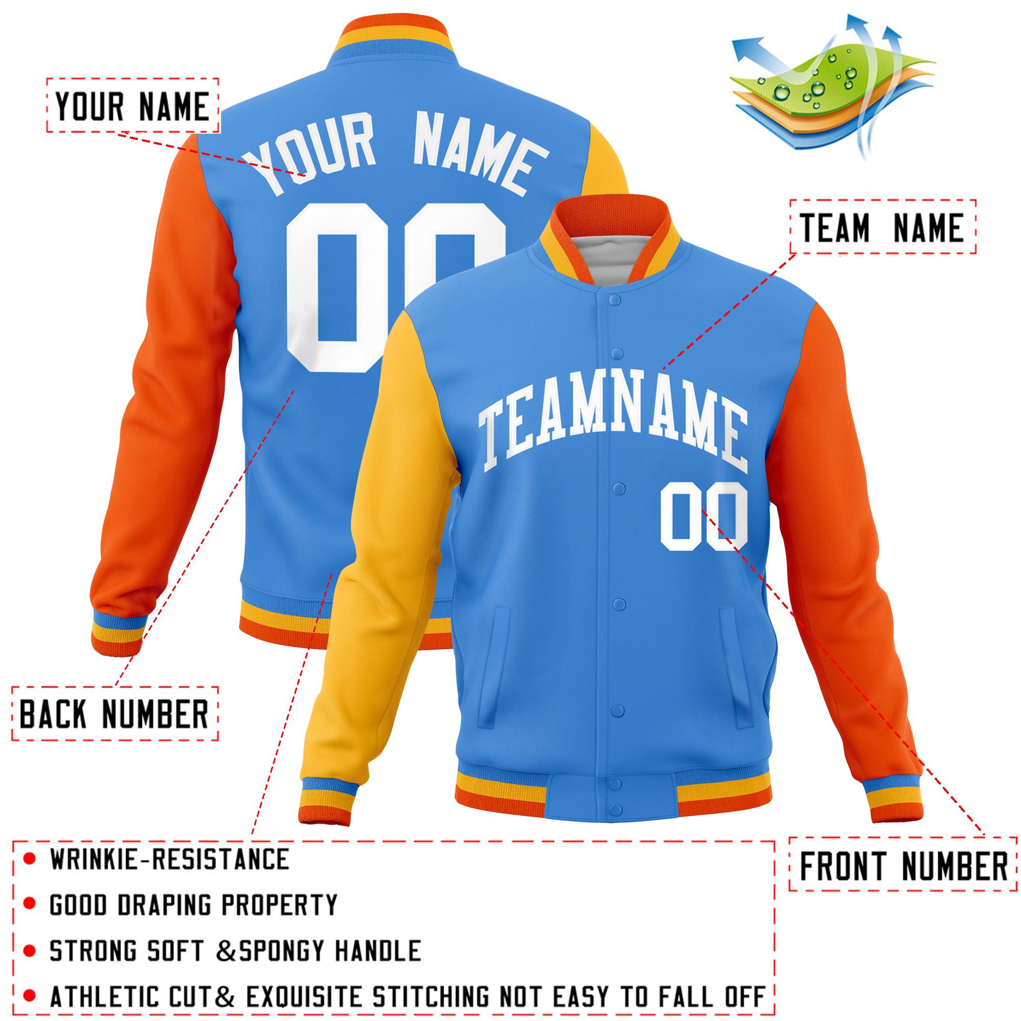 Custom Powder Blue Orange-Gold Raglan Sleeves Varsity Full-Snap Letterman Jacket