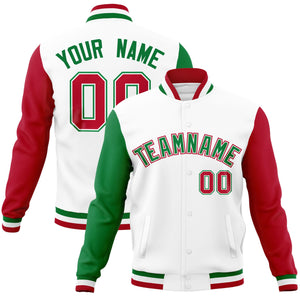 Custom White Red-Kelly Green Raglan Sleeves Varsity Full-Snap Letterman Jacket