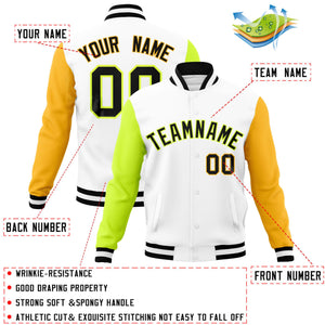 Custom White Gold-Neon Green Raglan Sleeves Varsity Full-Snap Letterman Jacket