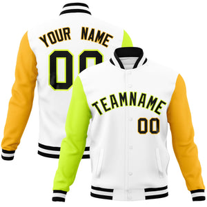 Custom White Gold-Neon Green Raglan Sleeves Varsity Full-Snap Letterman Jacket