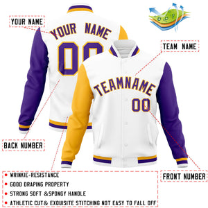 Custom White Purple-Gold Raglan Sleeves Varsity Full-Snap Letterman Jacket