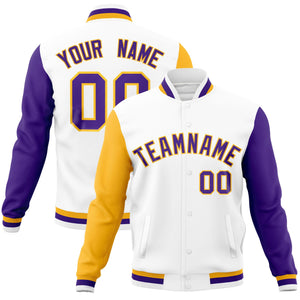 Custom White Purple-Gold Raglan Sleeves Varsity Full-Snap Letterman Jacket