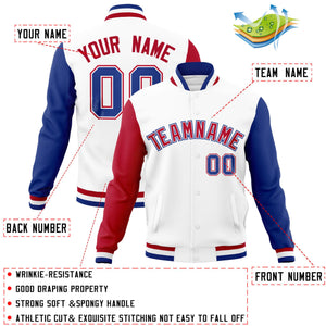 Custom White Royal-Red Raglan Sleeves Varsity Full-Snap Letterman Jacket