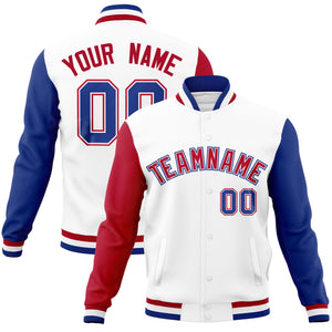 Custom White Royal-Red Raglan Sleeves Varsity Full-Snap Letterman Jacket