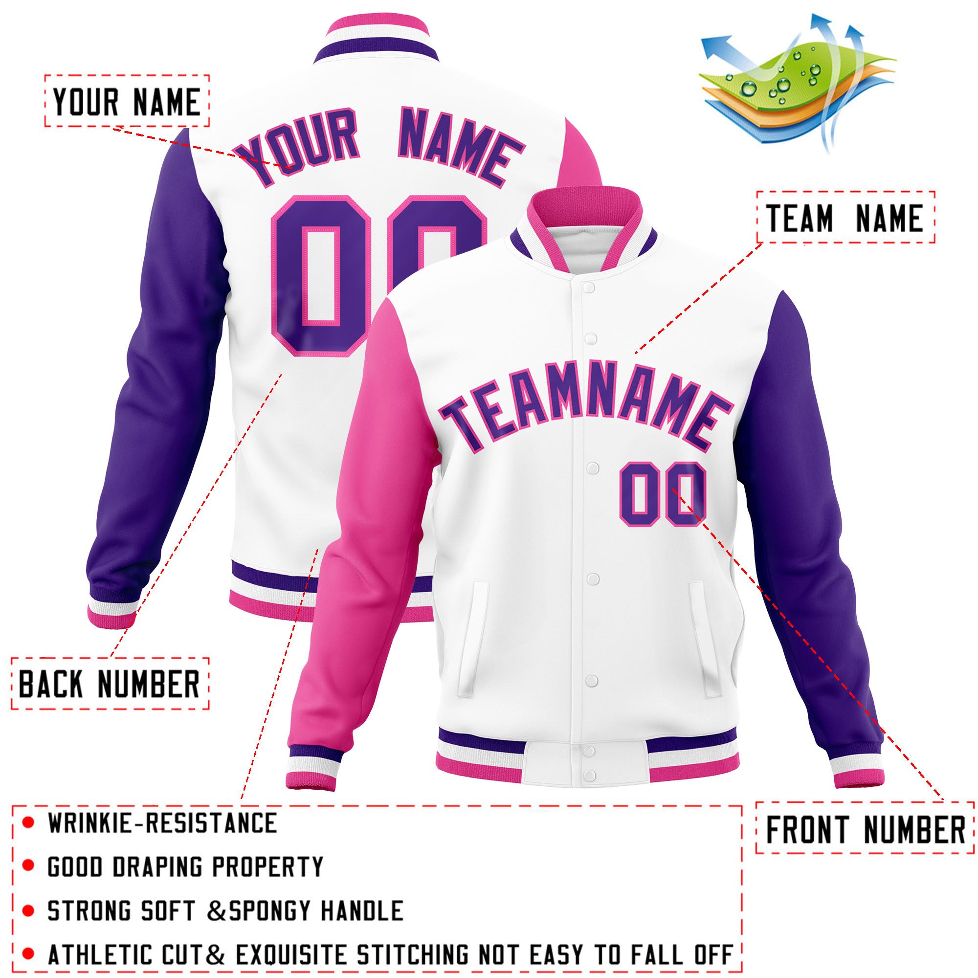 Custom White Purple-Pink Raglan Sleeves Varsity Full-Snap Letterman Jacket