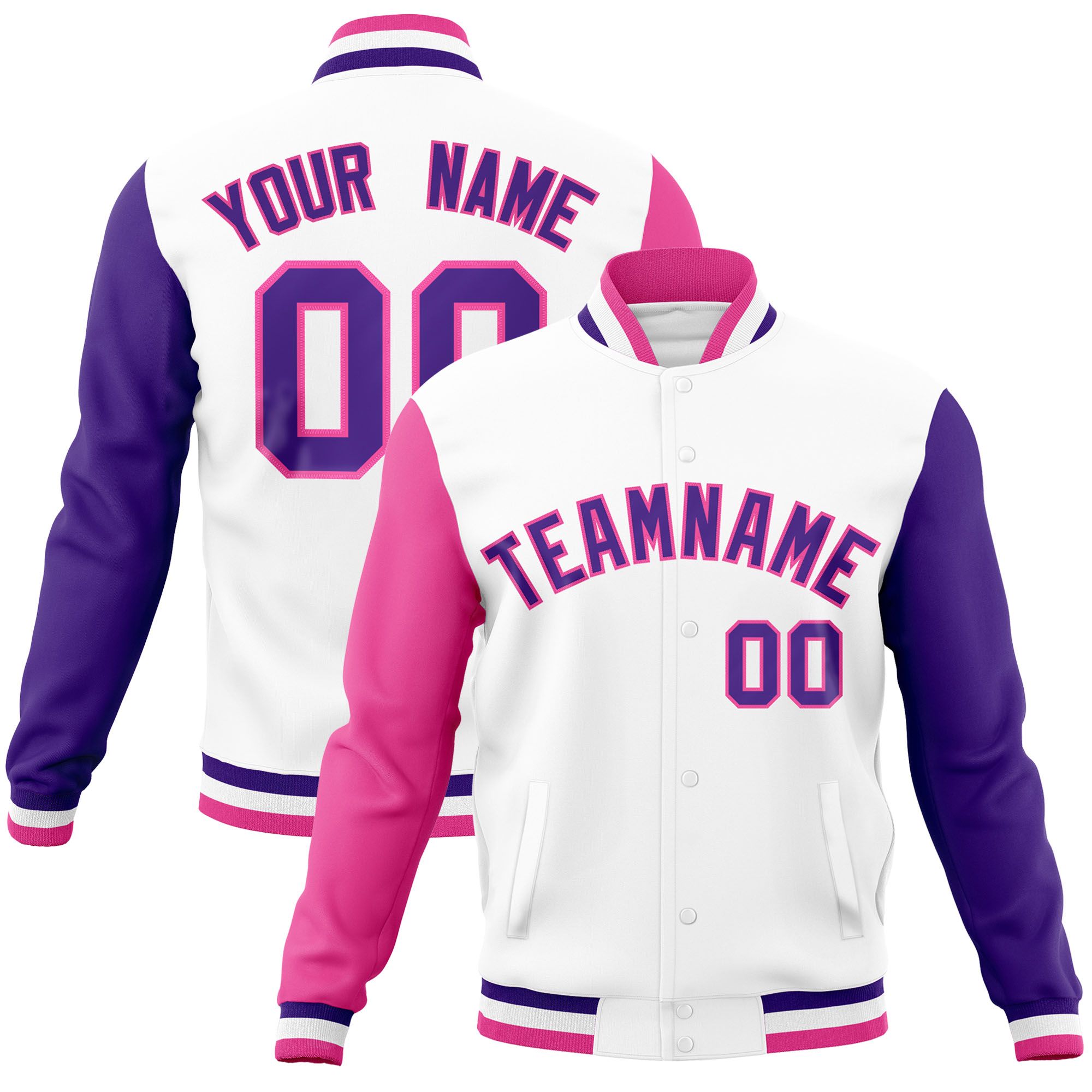 Custom White Purple-Pink Raglan Sleeves Varsity Full-Snap Letterman Jacket