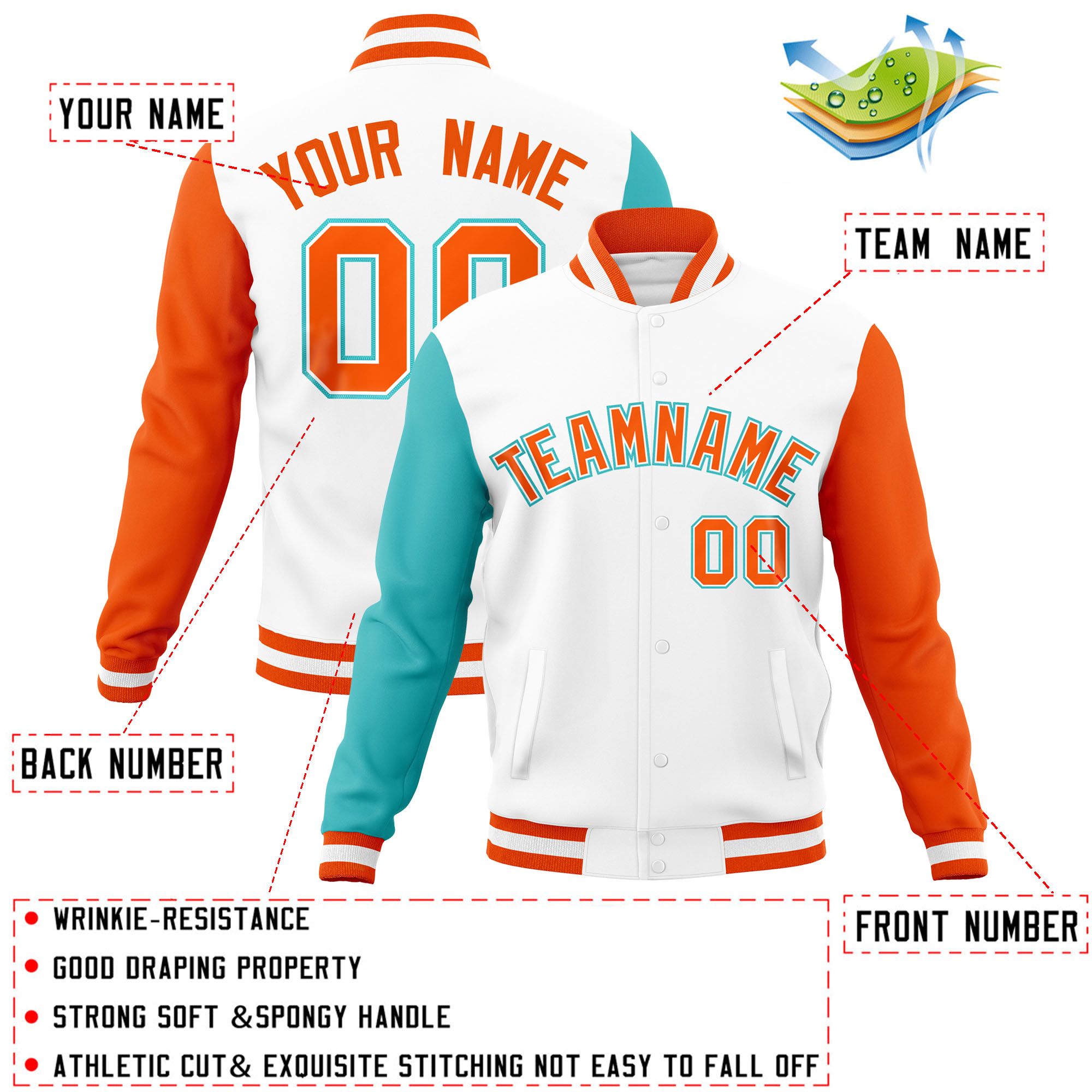 Custom White Orange-Bright Green Raglan Sleeves Varsity Full-Snap Letterman Jacket