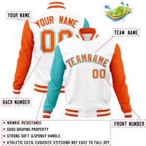 Custom White Orange-Bright Green Raglan Sleeves Varsity Full-Snap Letterman Jacket