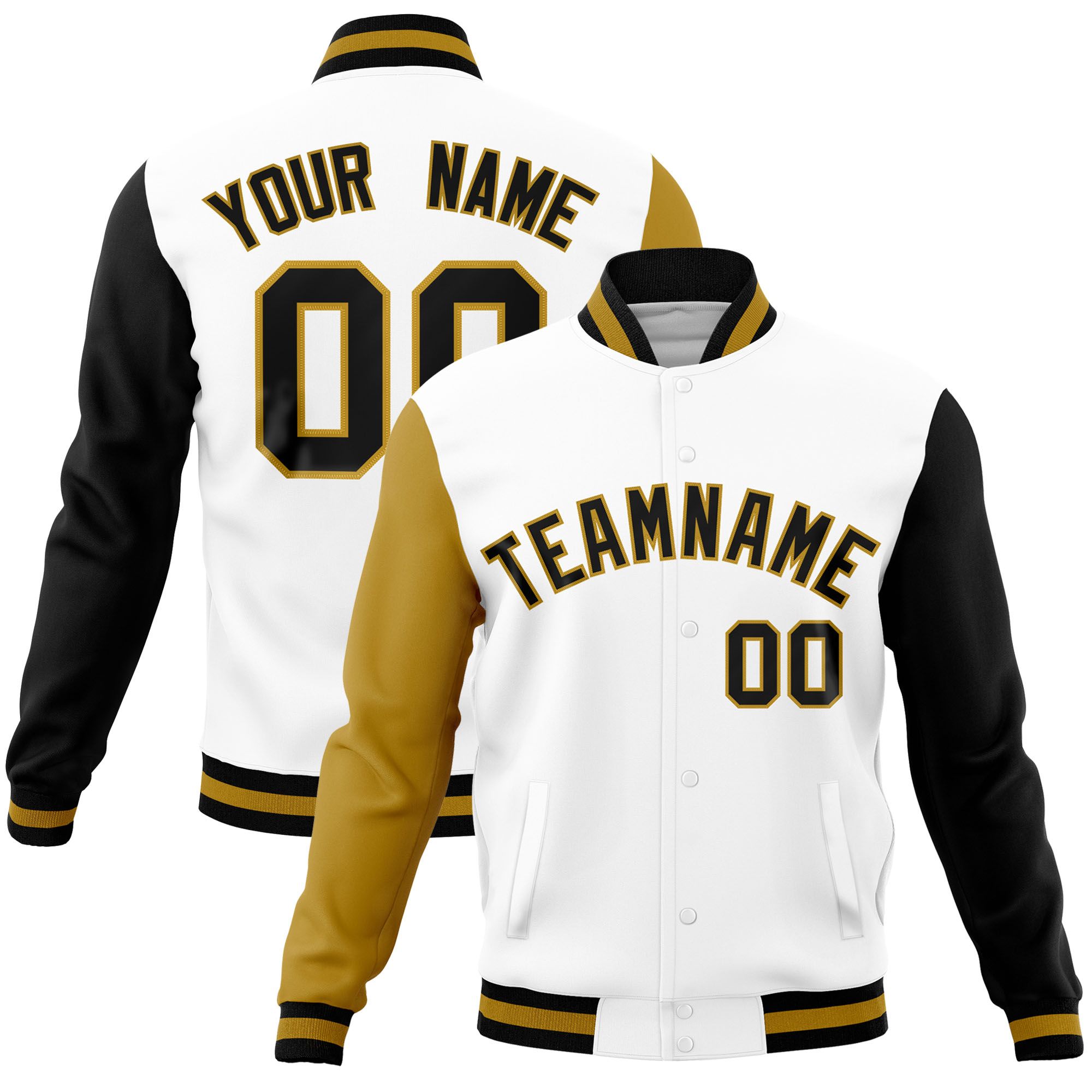 Custom White Black-Old Gold Raglan Sleeves Varsity Full-Snap Letterman Jacket