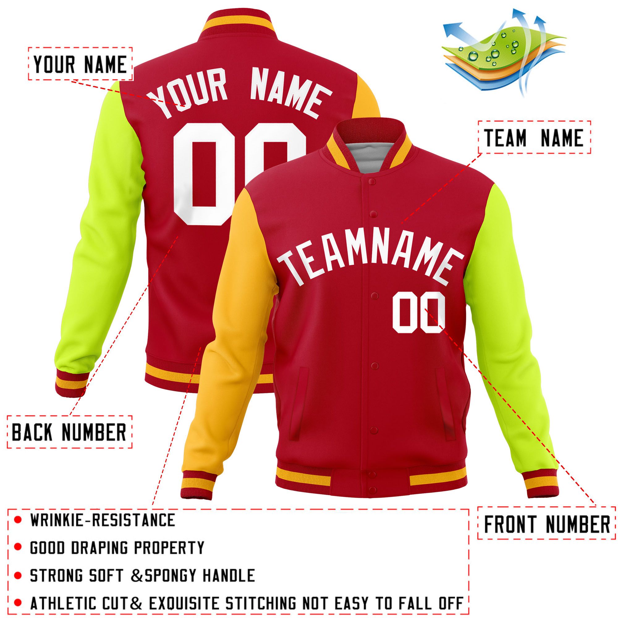 Custom Red Neon Green-Gold Raglan Sleeves Varsity Full-Snap Letterman Jacket