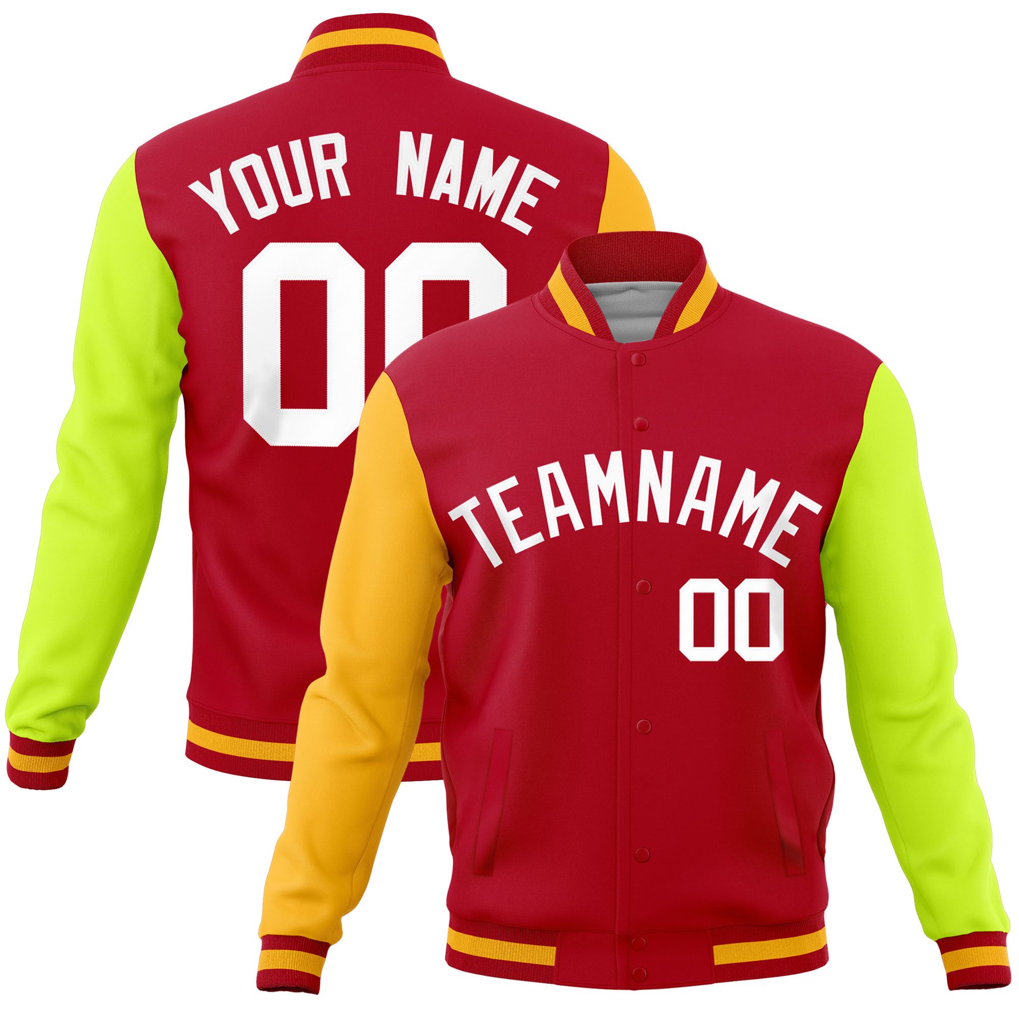 Custom Red Neon Green-Gold Raglan Sleeves Varsity Full-Snap Letterman Jacket