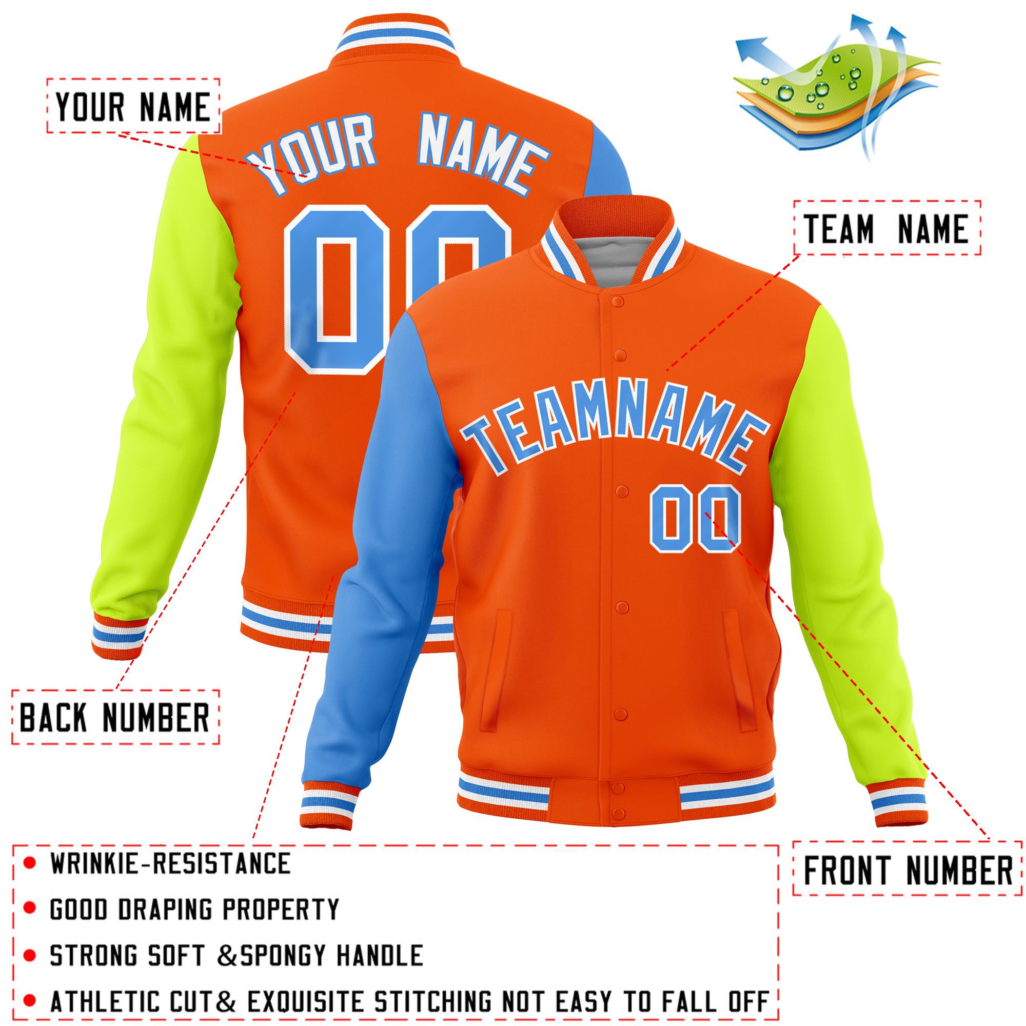 Custom Orange Neon Green-Powder Blue Raglan Sleeves Varsity Full-Snap Letterman Jacket