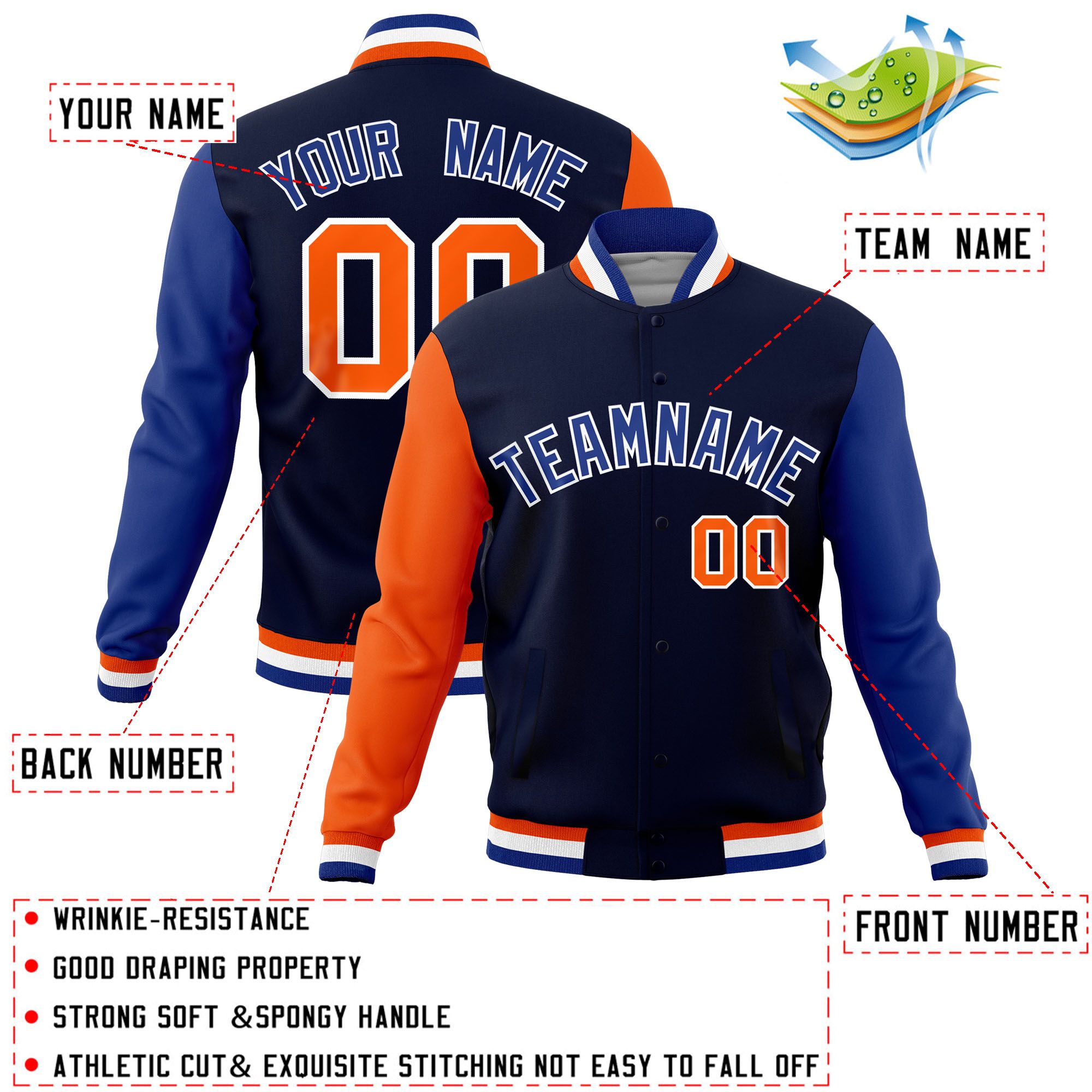 Custom Navy Royal-Orange Raglan Sleeves Varsity Full-Snap Letterman Jacket