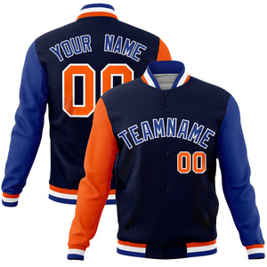 Custom Navy Royal-Orange Raglan Sleeves Varsity Full-Snap Letterman Jacket