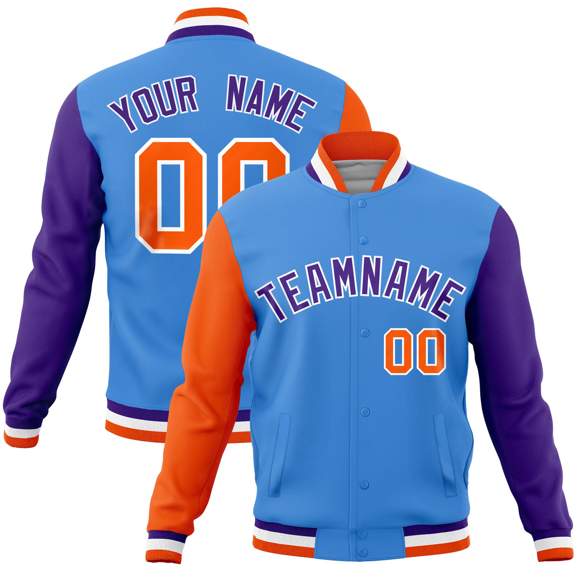 Custom Powder Blue Purple-Orange Raglan Sleeves Varsity Full-Snap Letterman Jacket