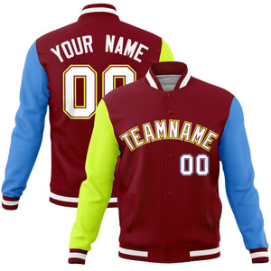 Custom Crimson Powder Blue-Neon Green Raglan Sleeves Varsity Full-Snap Letterman Jacket